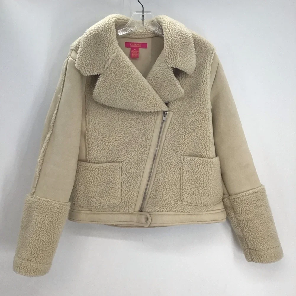 Catherine Maladrino Faux Fur Faux Leather Moto Jacket Casual Natural Size M
